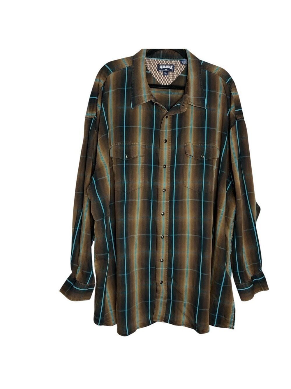 Panhandle Brown & Turquoise Blue Plaid Snap Button Long Sleeve Cotton Shirt-4XL